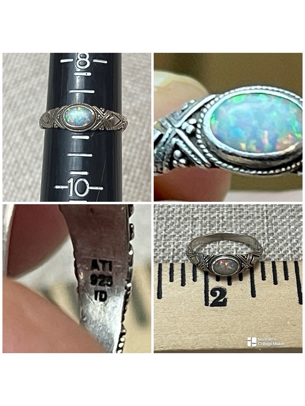 Vintage Sterling Silver Opal ring Scroll Work size 9 ATI